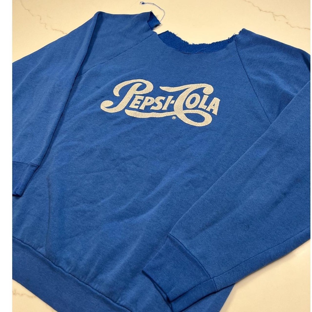 Pepsi Sweatshirt 80s  Blue Vintage Distressed Cut Neck Raglan Graphic Pullover